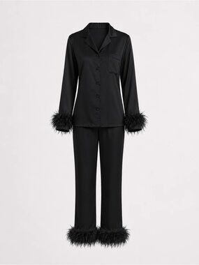 Satin Feather-Trim Black Pajama Set